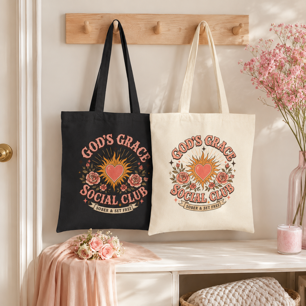gods grace social club sobriety addiction tote bag, gifts for sobriety anniversary.