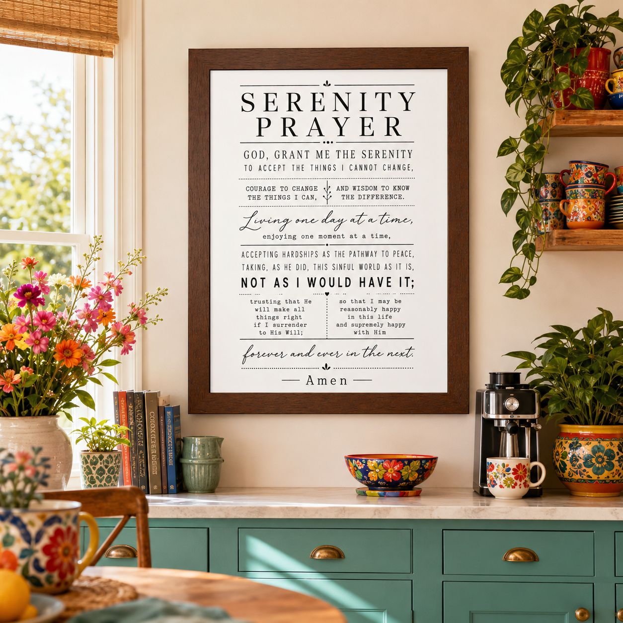 A framed 'Serenity Prayer' print hanging on a kitchen wall above teal cabinets, surrounded by flowers, plants, books, and a coffee maker in a real home environment.
