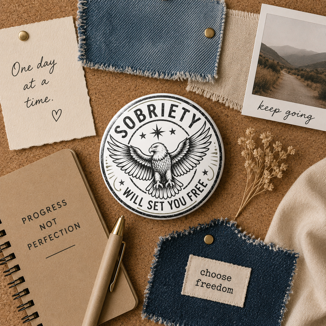 A round pin badge with a black and white eagle design and the text 'SOBRIETY WILL SET YOU FREE' is displayed on a cork board alongside denim fabric swatches, a notebook, dried flowers, and motivational cards.