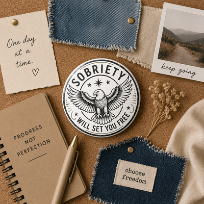 A round pin badge with a black and white eagle design and the text 'SOBRIETY WILL SET YOU FREE' is displayed on a cork board alongside denim fabric swatches, a notebook, dried flowers, and motivational cards.